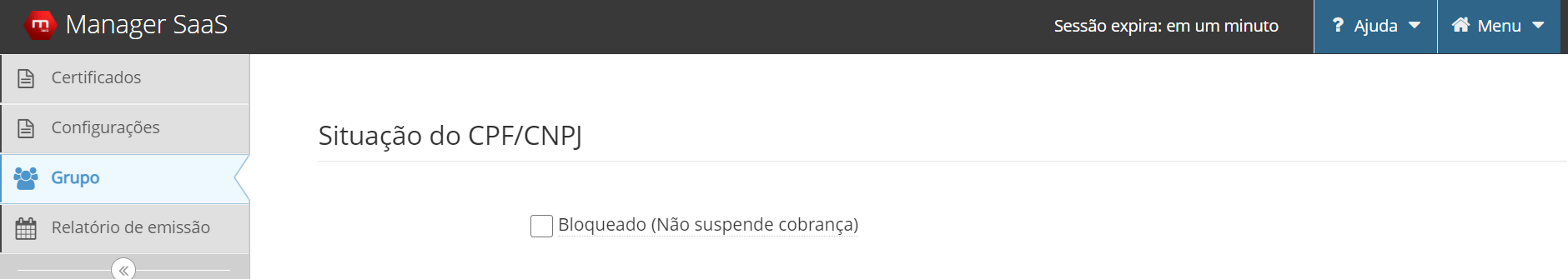Tela de bloqueio de licença