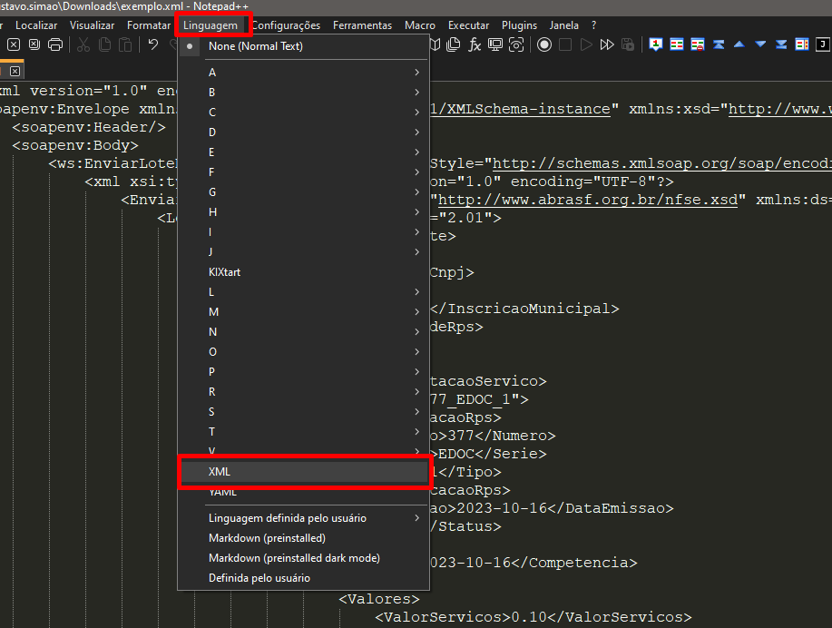Como formatar XML usando Notepad++ com o XML Tools Central de Atendimento