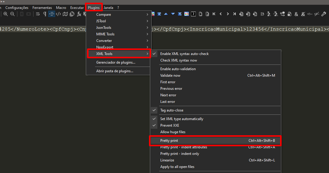 Como formatar XML usando Notepad++ com o XML Tools Central de Atendimento