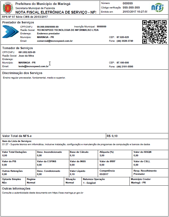 ERPx - Nota Fiscal de Serviços Eletrônica - NFSe