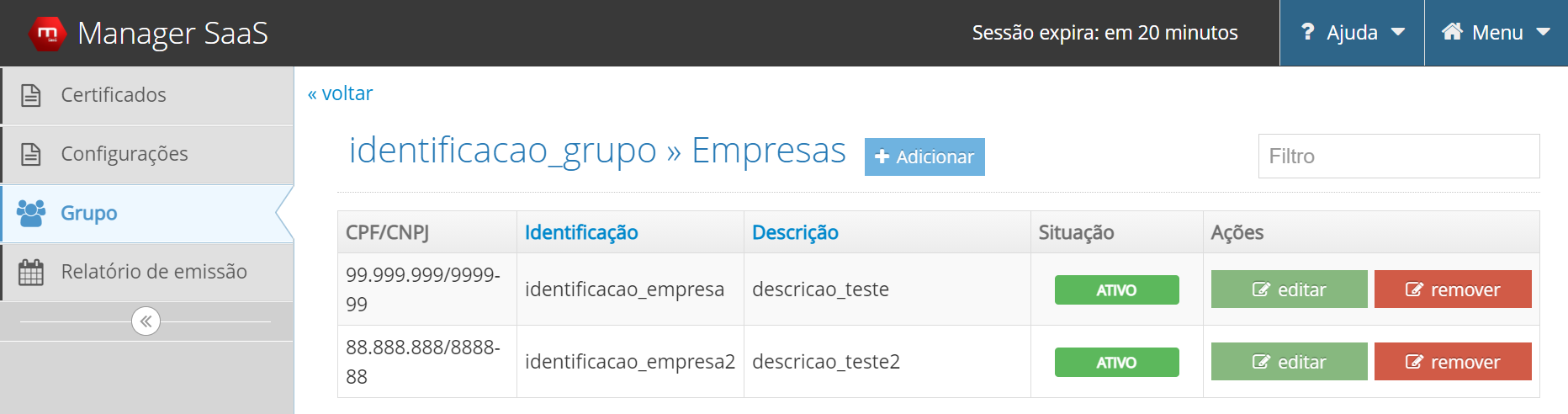 Lista de empresas no grupo