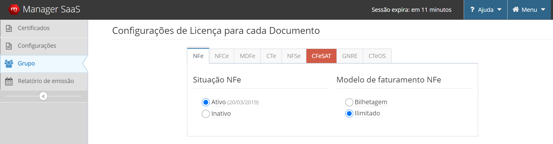 Exemplo de licença ativa