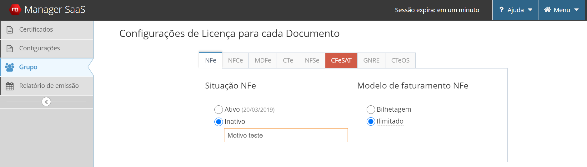 Tela de inativação de licença