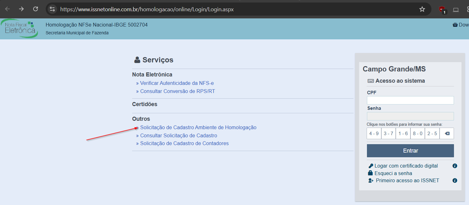 Portal do ambiente de homologação