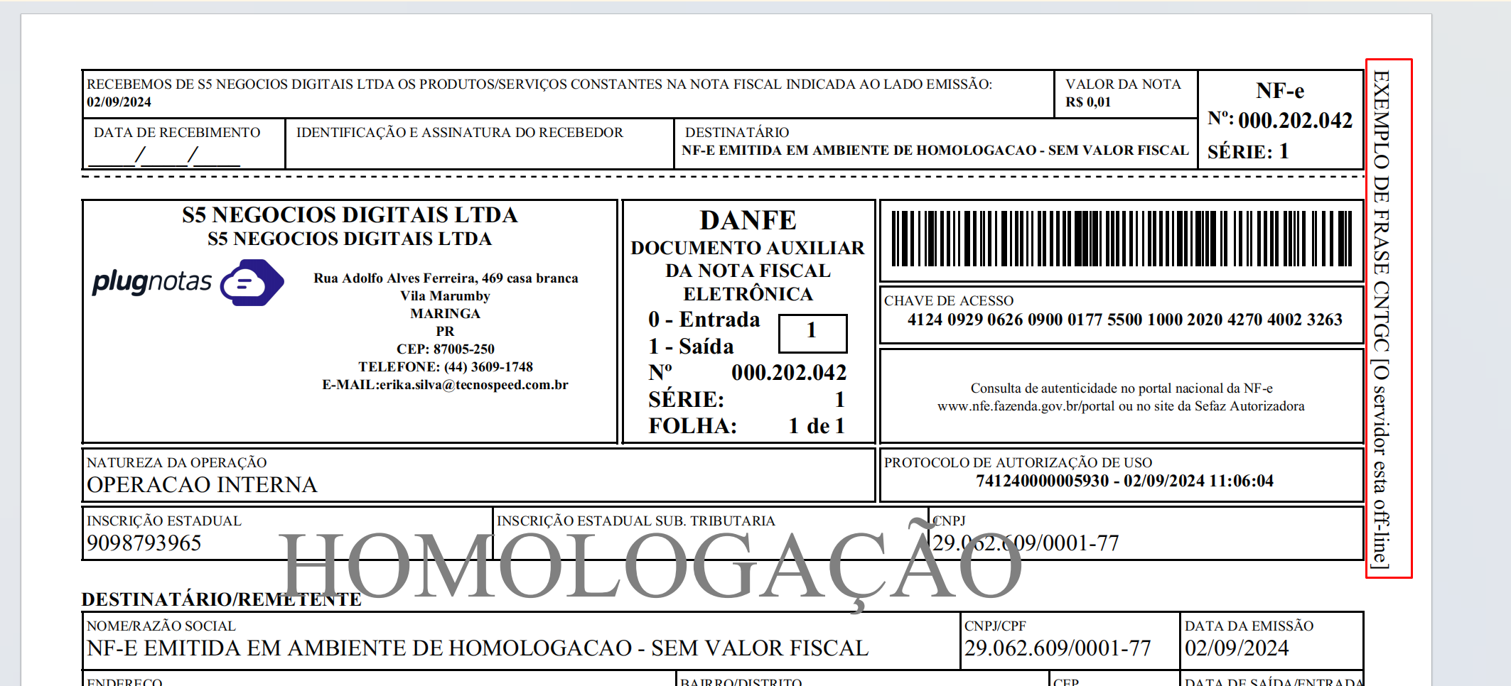 Exemplo do parâmetro FraseContingencia no DANFE.