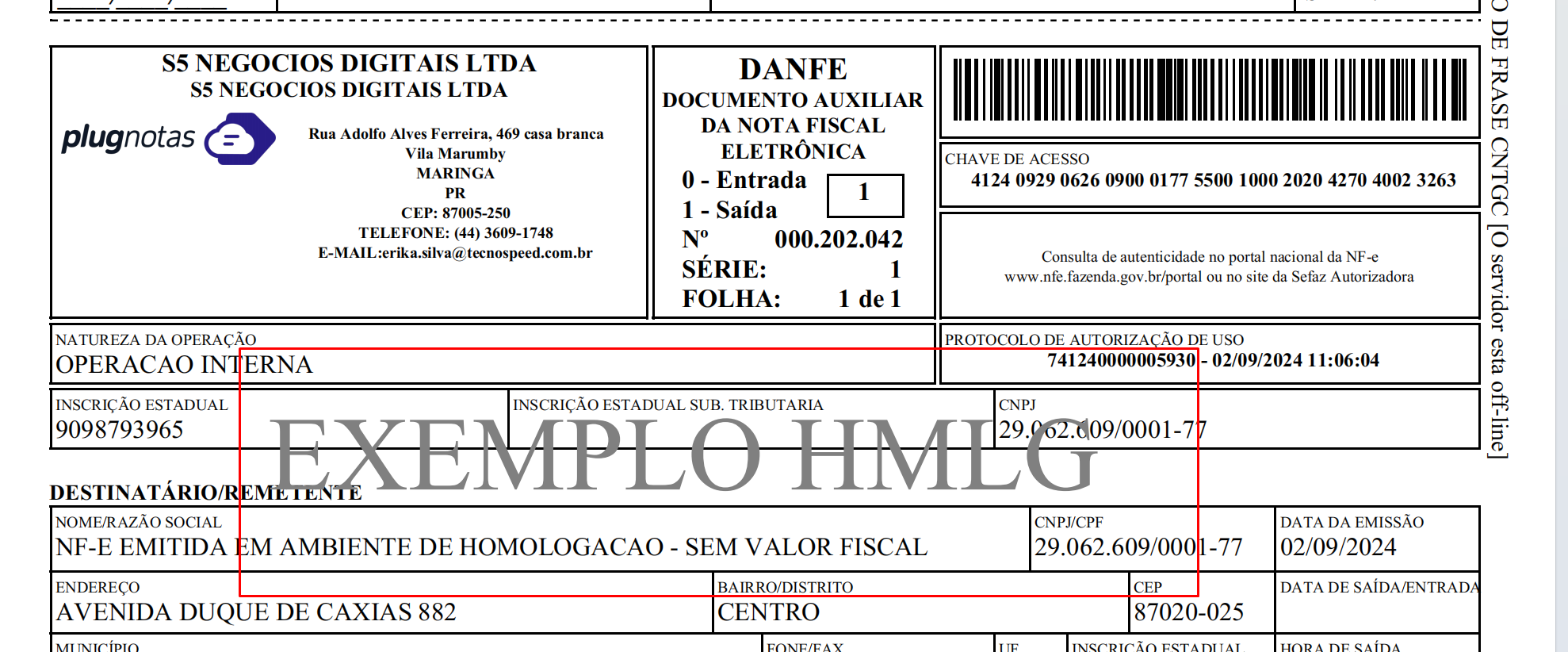 Exemplo do parâmetro FraseHomologacao no DANFE.