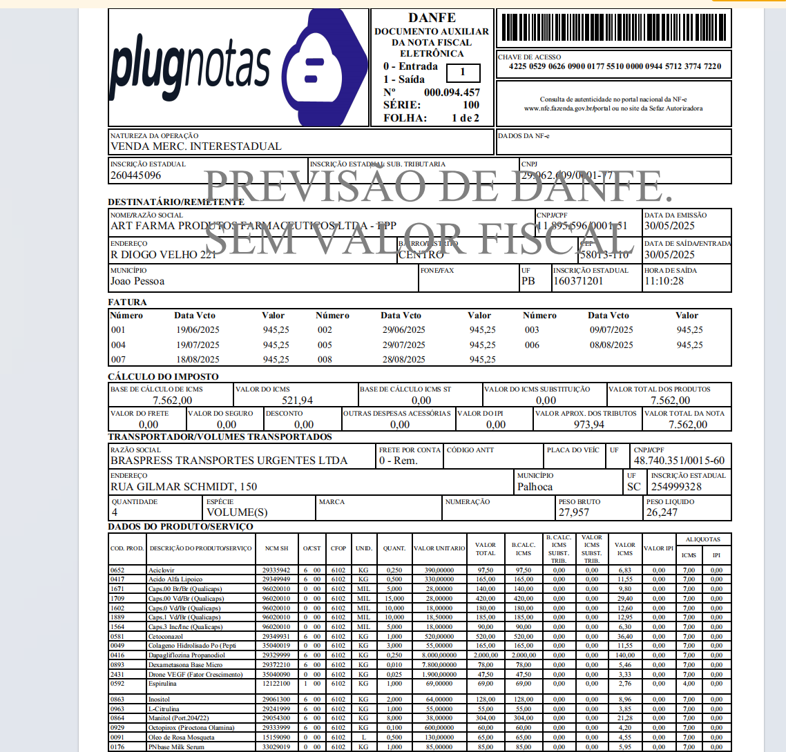 Exemplo 1 do parâmetro DanfeSimplificado no DANFE.