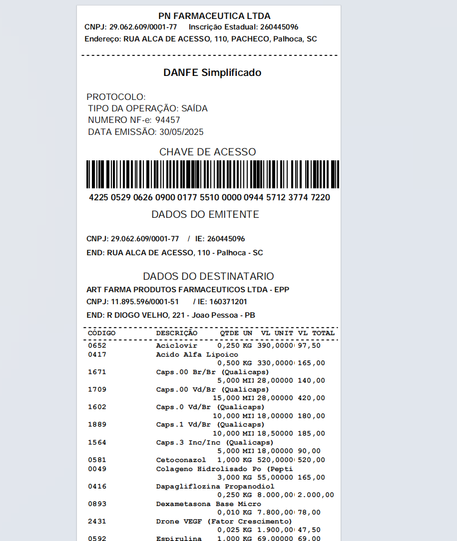 Exemplo 2 do parâmetro DanfeSimplificado no DANFE.