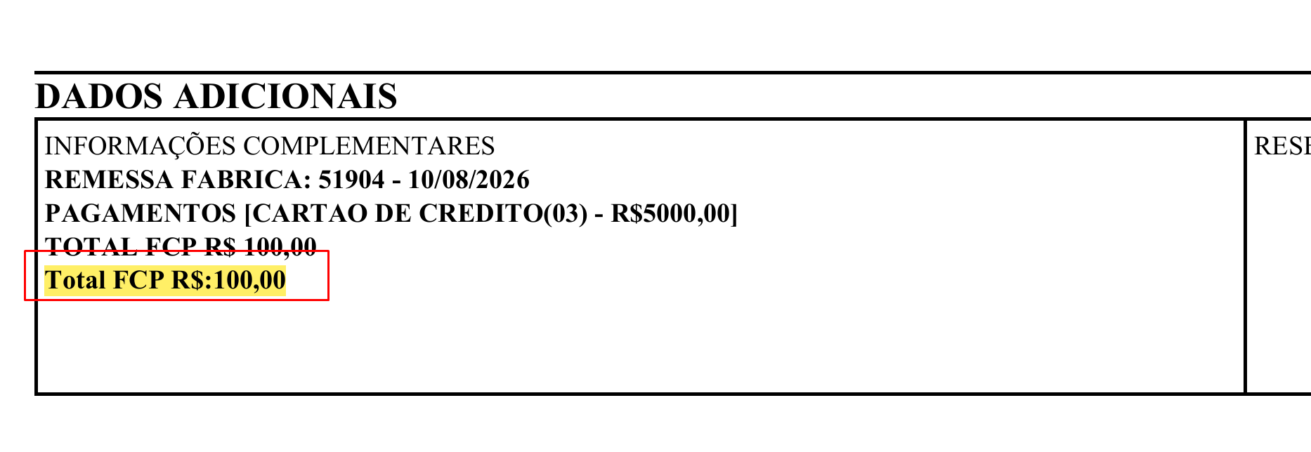 Exemplo 2 do parâmetro MensagemFCP no DANFE.