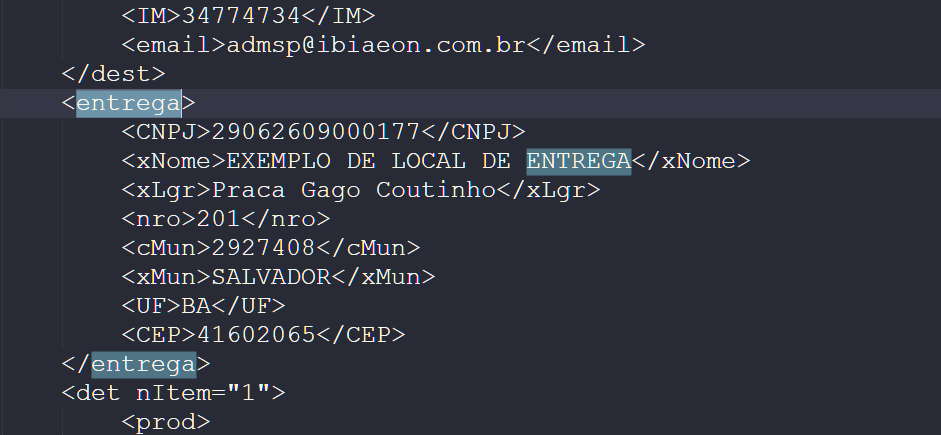 Exemplo 2 do parâmetro ImprimirLocalRetiradaEntrega no DANFE.
