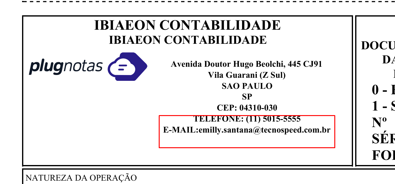 Exemplo do parâmetro EmailEmitente no DANFE.