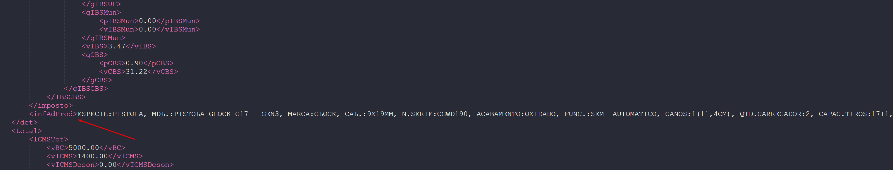 Exemplo 1 do parâmetro ImprimirInfAdProd no DANFE.
