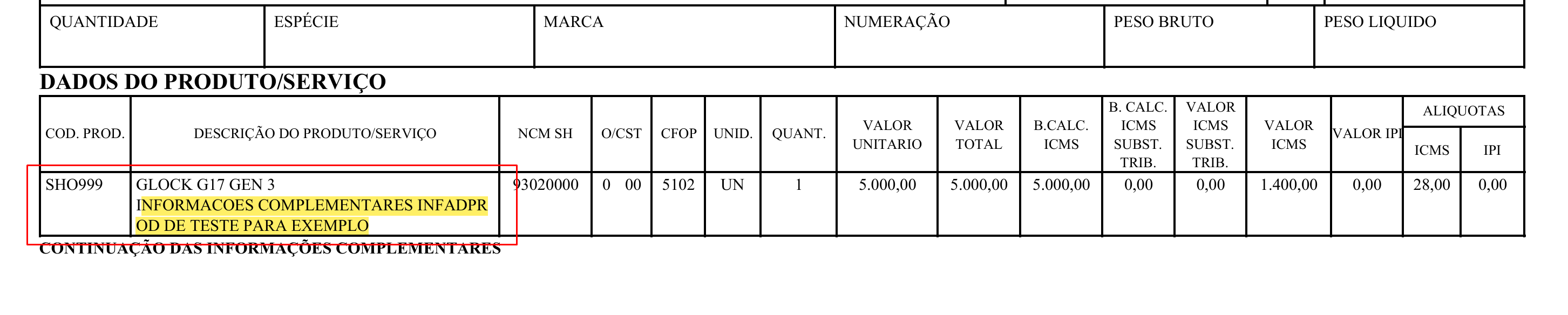 Exemplo 2 do parâmetro ImprimirInfAdProd no DANFE.