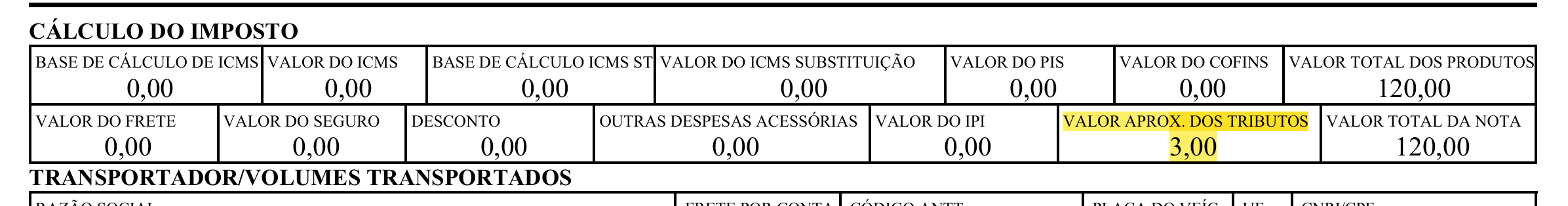 Exemplo 2 do parâmetro RetirarValorTributosImpostos no DANFE.