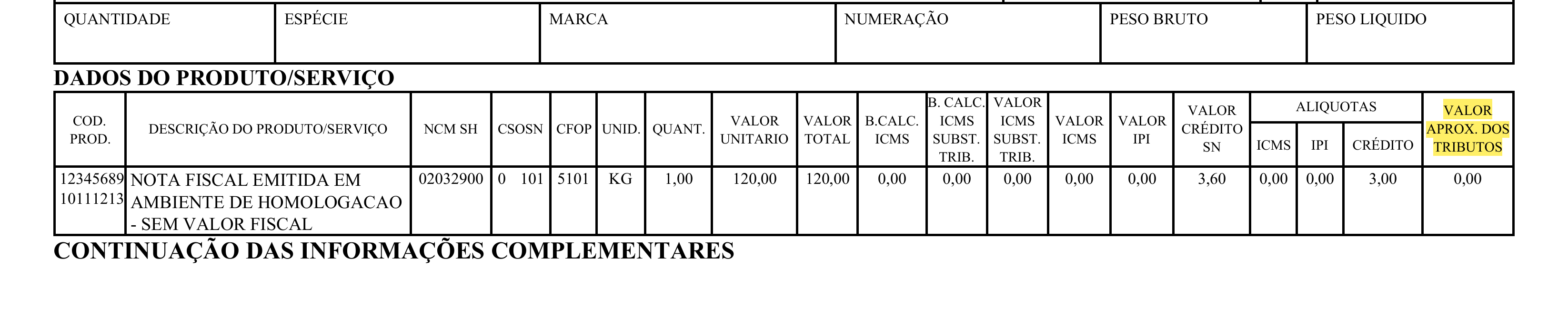 Exemplo 2 do parâmetro RetirarValorTributosProdServicos no DANFE.