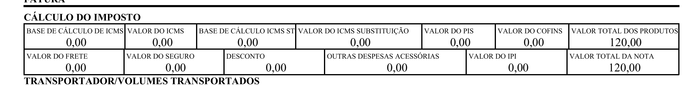 Exemplo 1 do parâmetro RetirarValorTributosImpostos no DANFE.
