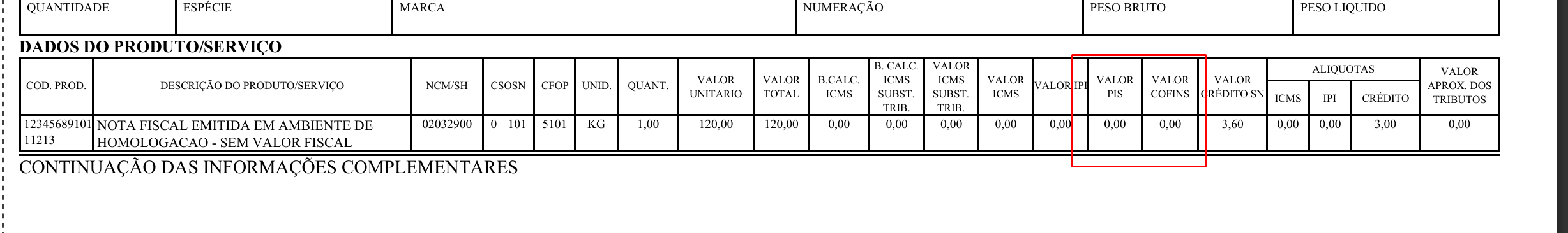 Exemplo 2 do parâmetro RetirarValorCOFINS no DANFE.