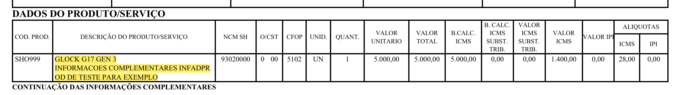Exemplo 1 do parâmetro ImprimirDescricaoItemMaior no DANFE.