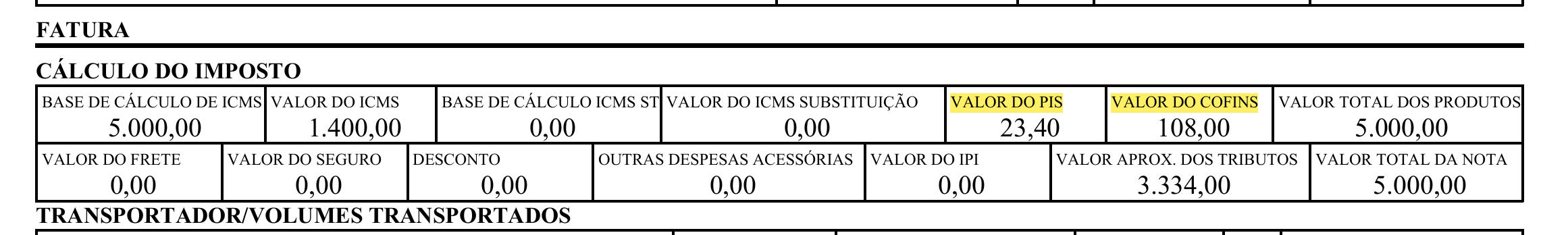 Exemplo 2 do parâmetro ImprimirGrupoImpostoPisCofins no DANFE.