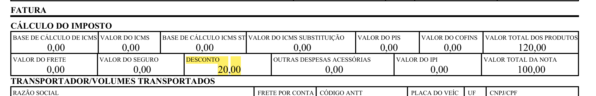 Exemplo do parâmetro ImprimirValorDescontoItem no DANFE.